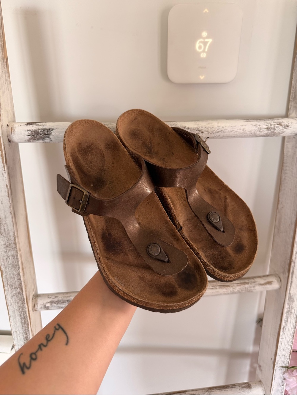 Birkenstock Women's Sandals Slide Flip Flop Brown leather shoes size US 7.5/8.0